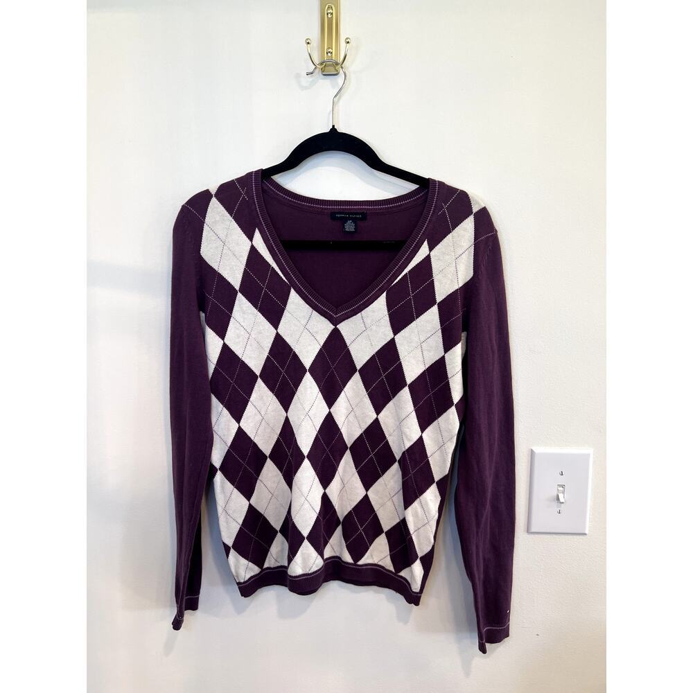 Tommy Hilfiger Purple Argyle V-Neck Sweater Small
